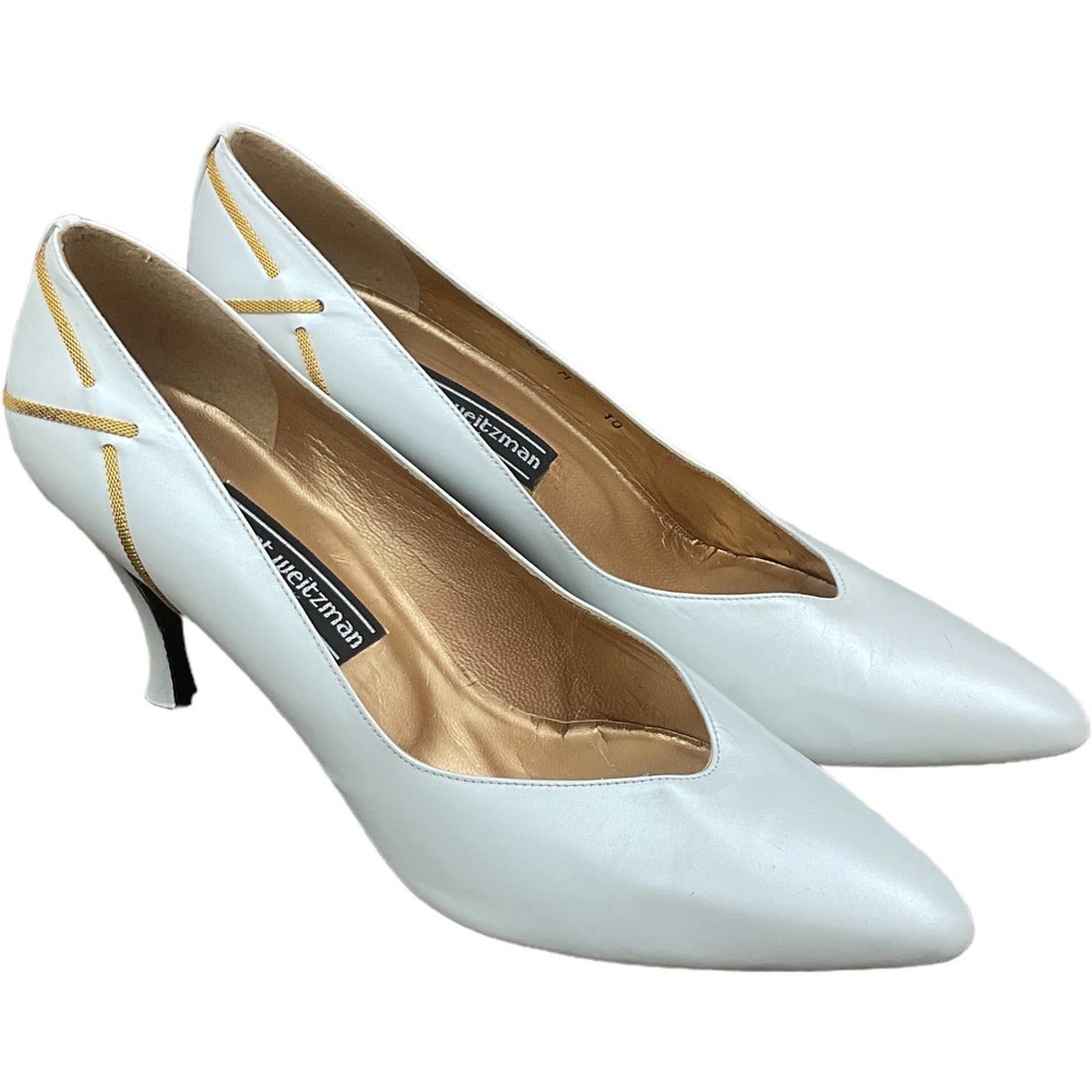 Stuart Weitzman Gold and White Leather Pumps